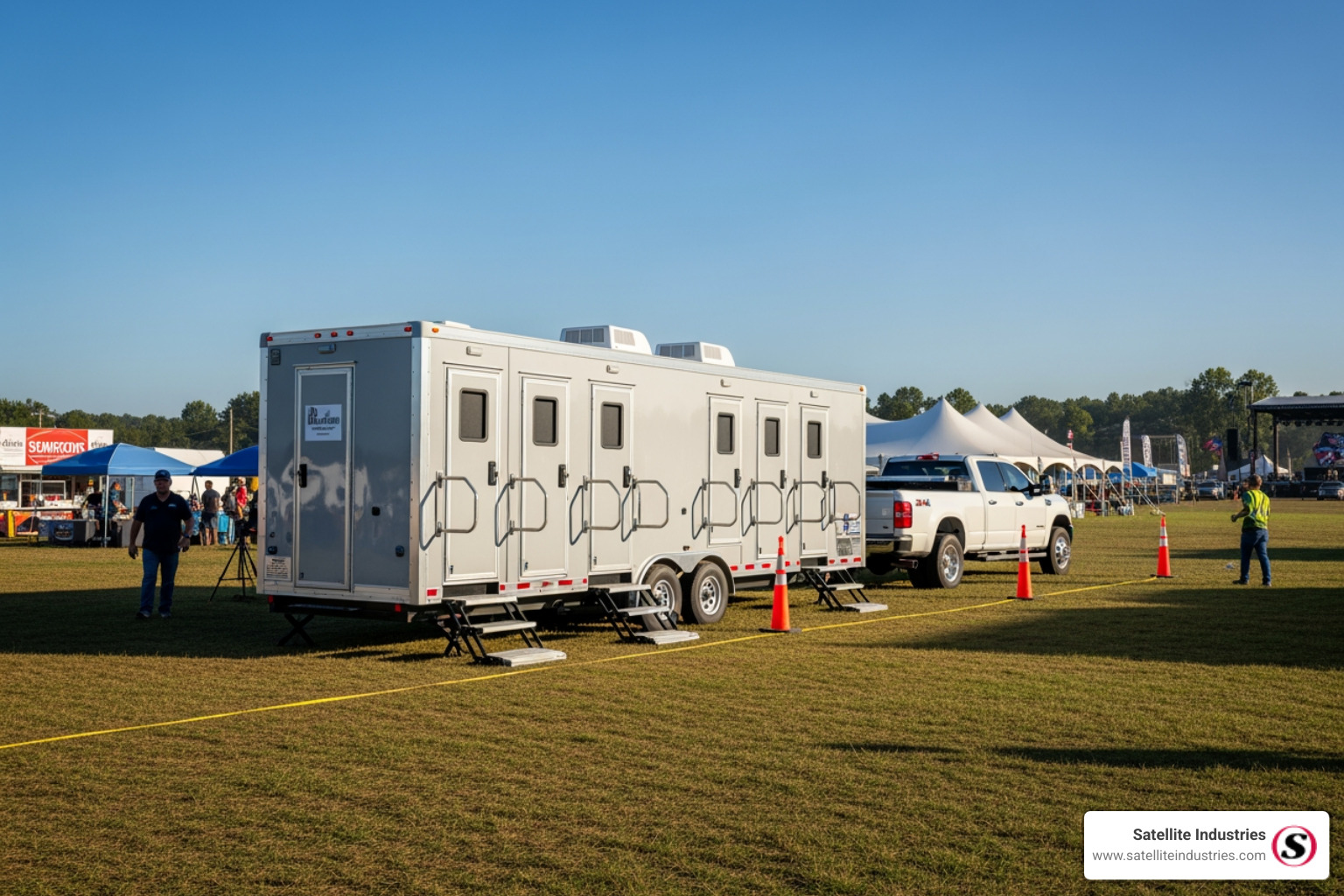 multi-stall trailer unit being positioned on-site - portable bathroom with shower in south africa