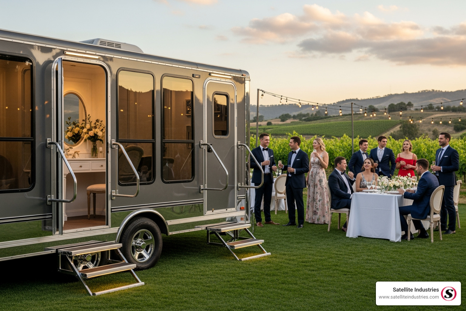 luxury trailer unit at a vineyard wedding - portable bathroom with shower in south africa