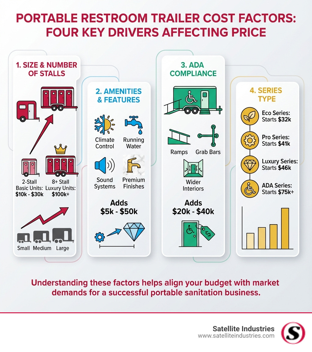 Infographic showing four main cost factors for portable restroom trailers: Size and Number of Stalls ranging from 2-stall basic units at $10k-$30k to 8+ stall luxury units at $100k+; Amenities and Features including climate control, running water, sound systems, and premium finishes adding $5k-$50k; ADA Compliance with ramps, grab bars, and wider interiors adding $20k-$40k; and Series Type comparing Eco Series starting at $32k, Pro Series at $41k, Luxury Series at $46k, and ADA Series at $75k+ - how much does a portable restroom trailer cost infographic 
