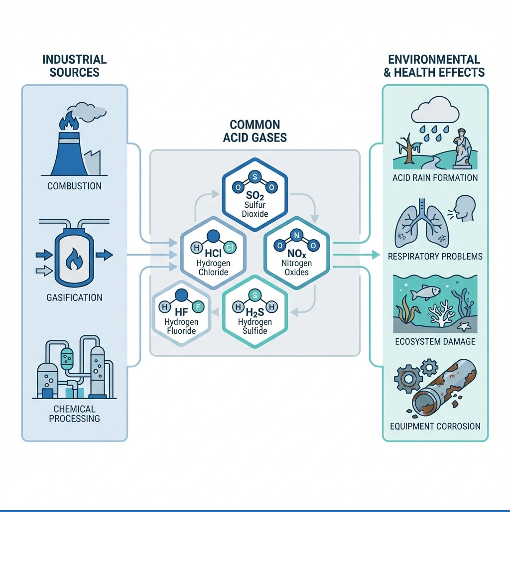 Infographic showing the industrial sources of acid gases (combustion, gasification, chemical processing), the common types of acid gases (SO2, HCl, H2S, HF, NOx), and their environmental and health effects including acid rain formation, respiratory problems, ecosystem damage, and equipment corrosion - acid gas control infographic Infographic showing the industrial sources of acid gases (combustion, gasification, chemical processing), the common types of acid gases (SO2, HCl, H2S, HF, NOx), and their environmental and health effects including acid rain formation, respiratory problems, ecosystem damage, and equipment corrosion - acid gas control infographic