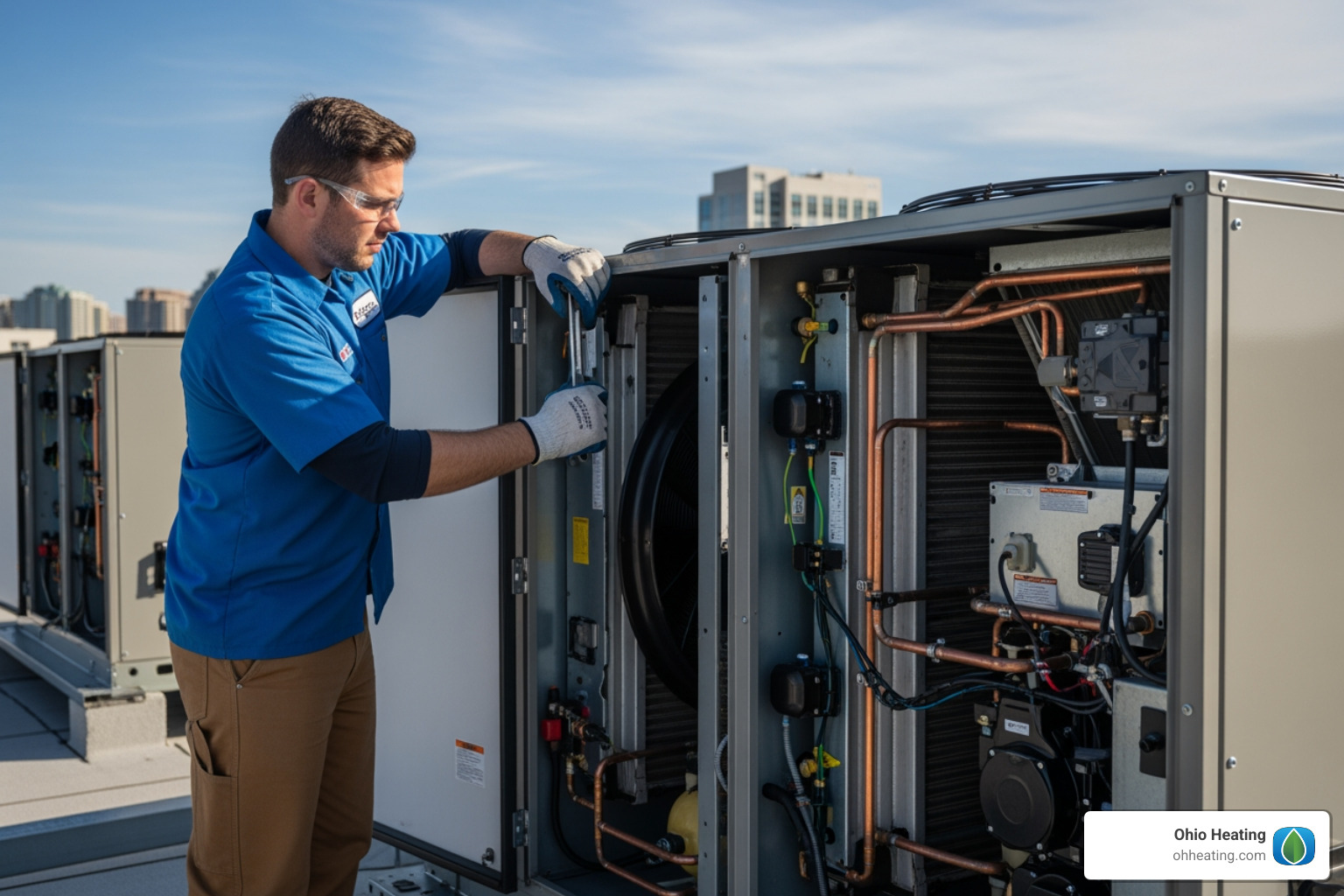 licensed technician inspecting a commercial HVAC system's internal components - commercial hvac maintenance program