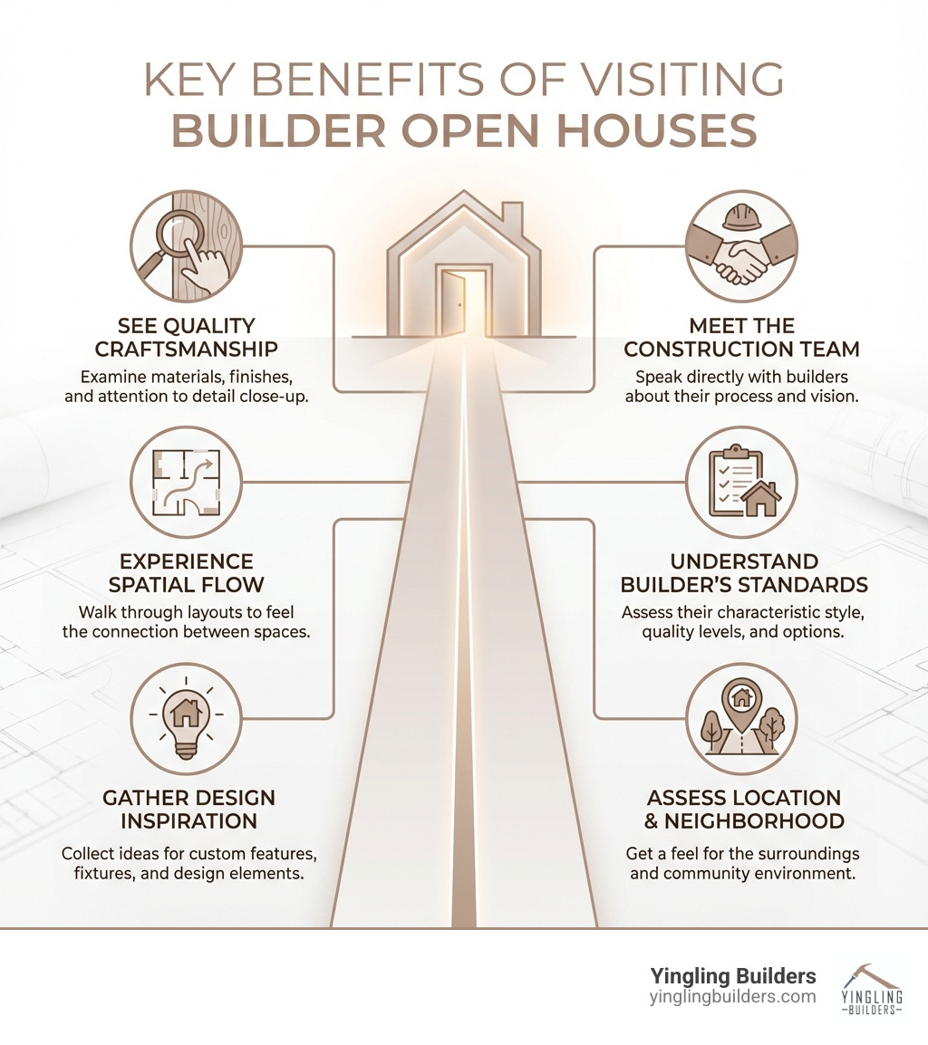 Infographic showing the key benefits of visiting builder open houses: See quality craftsmanship in person, experience floor plans and spatial flow, gather design inspiration for your custom home, understand the builder's style and standards, meet the construction team face-to-face, and assess neighborhood quality and location - builder open houses near me infographic 