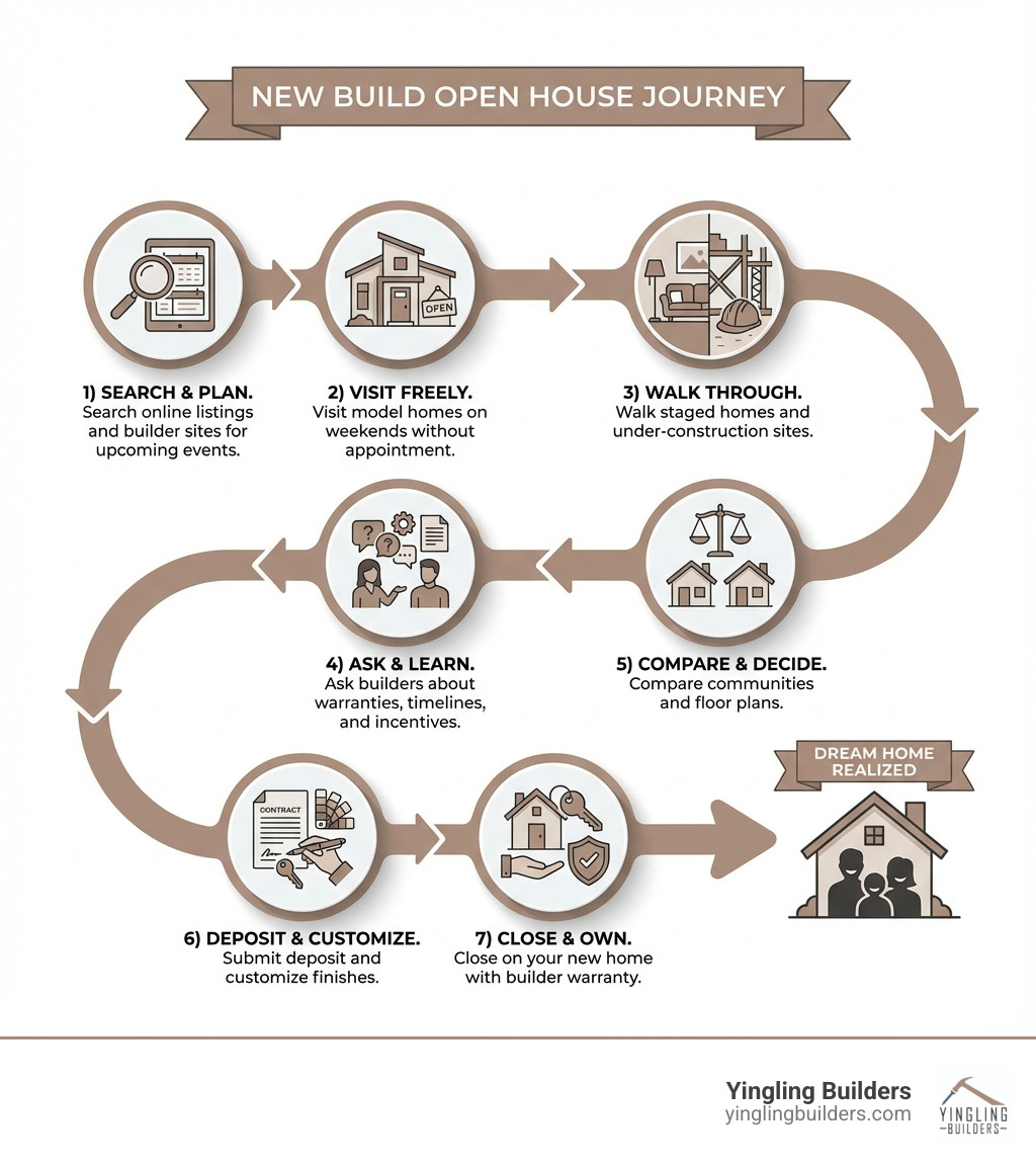 Infographic showing the new build open house journey: 1) Search online listings and builder sites for upcoming events, 2) Visit model homes on weekends without appointment, 3) Walk staged homes and under-construction sites, 4) Ask builders about warranties, timelines, and incentives, 5) Compare communities and floor plans, 6) Submit deposit and customize finishes, 7) Close on your new home with builder warranty - new build open houses near me infographic 