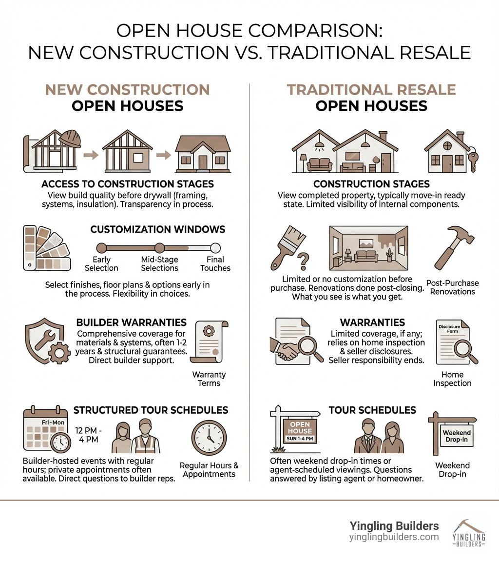 infographic showing differences between new construction open houses and traditional resale open houses including access to construction stages, customization windows, builder warranties, and structured tour schedules - new construction open houses near me infographic 