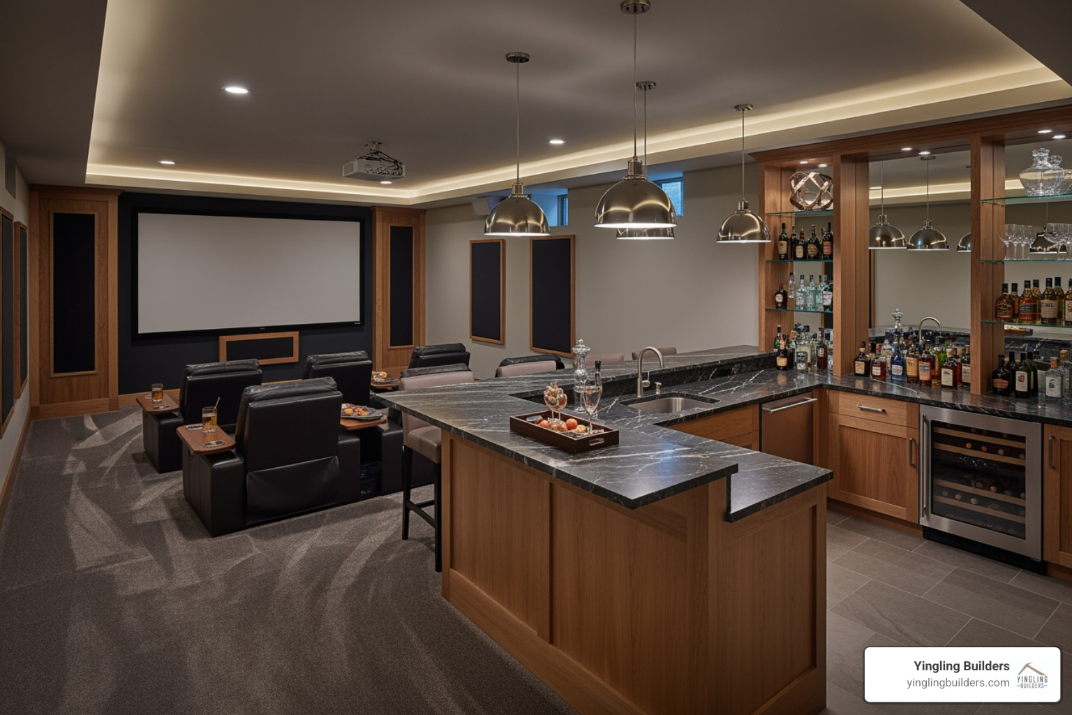 beautifully finished basement with a home theater and bar area - kitchen and bath reno