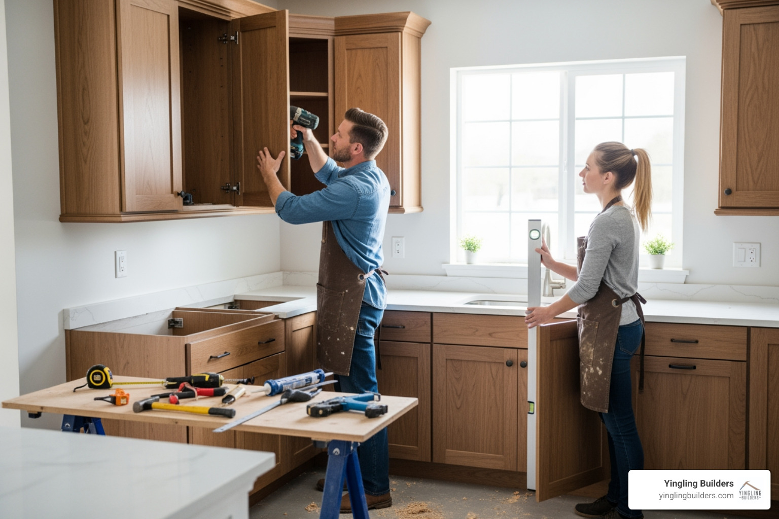 skilled craftsmen installing custom cabinetry in a kitchen - kitchen and bath reno