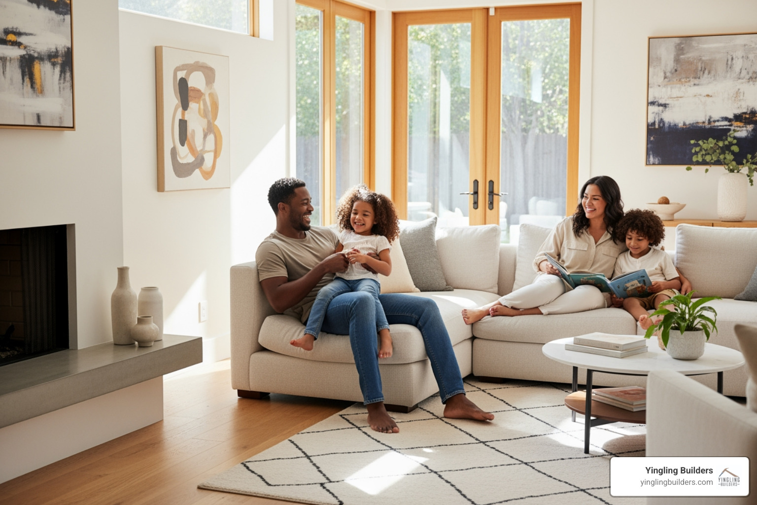 Family enjoying a bright, comfortable living room in a custom home - energy efficient custom home