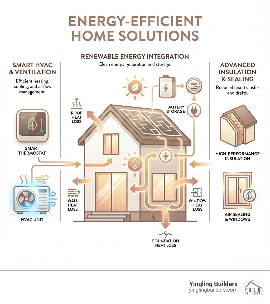 infographic showing energy flow in a home with arrows indicating heat loss through roof, walls, windows, and foundation, plus icons for HVAC, insulation, and solar panels - energy efficient home solutions infographic 