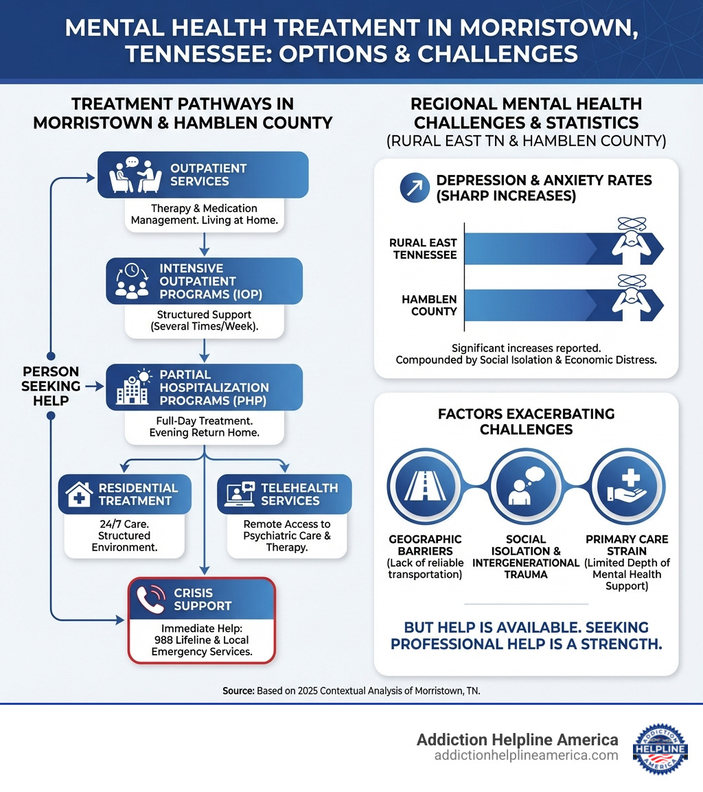 Infographic showing mental health treatment options in Morristown Tennessee including outpatient therapy, intensive outpatient programs, partial hospitalization, residential treatment, telehealth services, and crisis support numbers with statistics on depression and anxiety rates in rural East Tennessee and Hamblen County - mental health treatment in Morristown, Tennessee infographic 