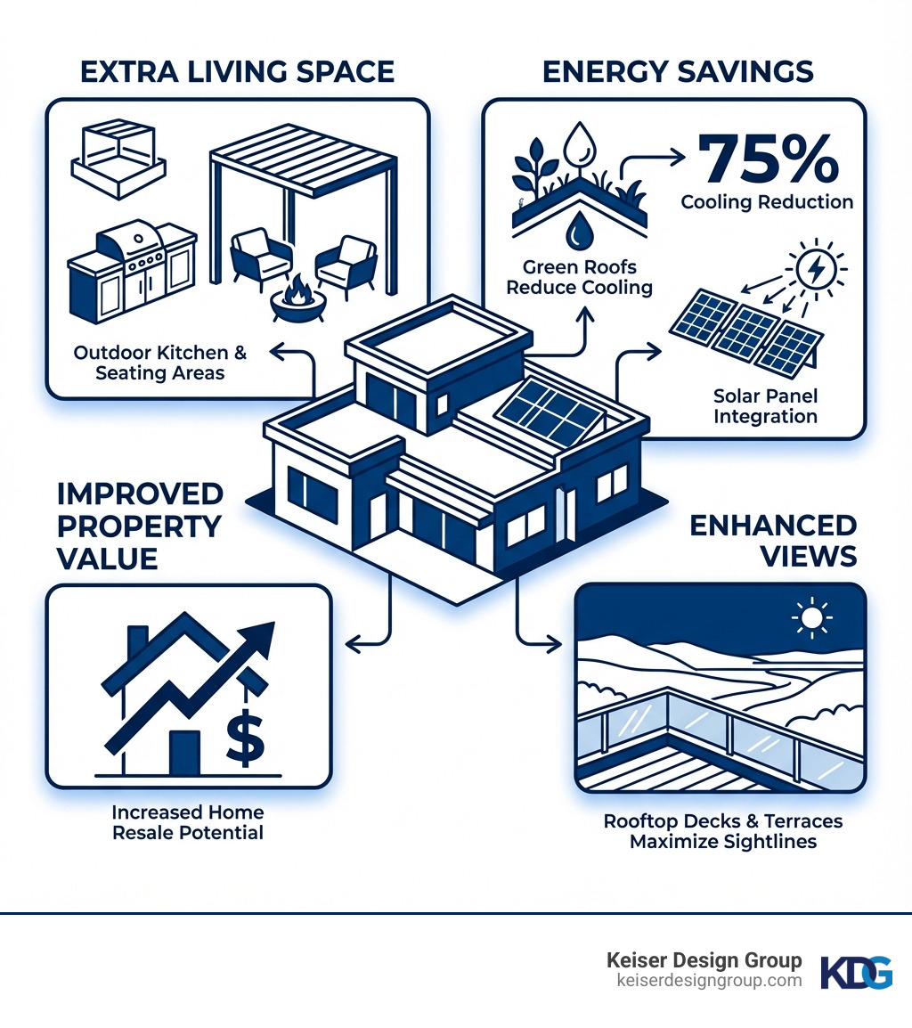 Infographic showing the key benefits of modern rooftop design: extra living space with outdoor kitchen and seating areas, energy savings through green roofs reducing cooling by 75% and solar panel integration, improved property value with increased home resale potential, and enhanced views with rooftop decks and terraces maximizing sightlines - modern house rooftop design infographic Infographic showing the key benefits of modern rooftop design: extra living space with outdoor kitchen and seating areas, energy savings through green roofs reducing cooling by 75% and solar panel integration, improved property value with increased home resale potential, and enhanced views with rooftop decks and terraces maximizing sightlines - modern house rooftop design infographic