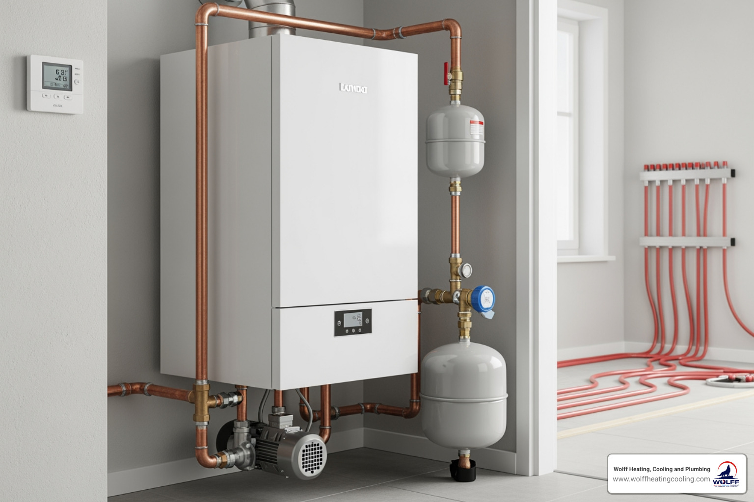 Infographic showing the key components of a residential boiler heating system including the boiler unit, circulation pump, expansion tank, radiators or radiant floor loops, thermostat control, and how hot water circulates through the system to provide consistent warmth throughout the home - boiler installation in rio rancho, nm Infographic showing the key components of a residential boiler heating system including the boiler unit, circulation pump, expansion tank, radiators or radiant floor loops, thermostat control, and how hot water circulates through the system to provide consistent warmth throughout the home - boiler installation in rio rancho, nm