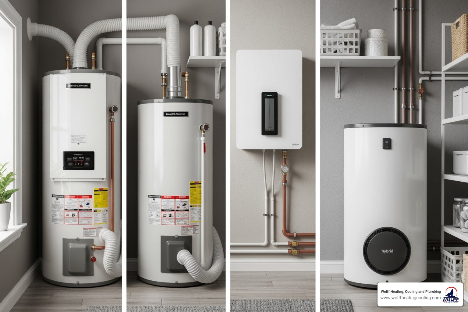 Infographic showing four types of water heaters: Gas Storage Tank with average 10-year lifespan and moderate upfront cost, Electric Storage Tank with lowest installation cost and simple maintenance, Tankless Gas with 20+ year lifespan and highest energy efficiency, and Hybrid Heat Pump with maximum efficiency and federal tax credit eligibility up to $600, each with visual icons and key benefit bullets - affordable water heater installation in albuquerque, nm Infographic showing four types of water heaters: Gas Storage Tank with average 10-year lifespan and moderate upfront cost, Electric Storage Tank with lowest installation cost and simple maintenance, Tankless Gas with 20+ year lifespan and highest energy efficiency, and Hybrid Heat Pump with maximum efficiency and federal tax credit eligibility up to $600, each with visual icons and key benefit bullets - affordable water heater installation in albuquerque, nm