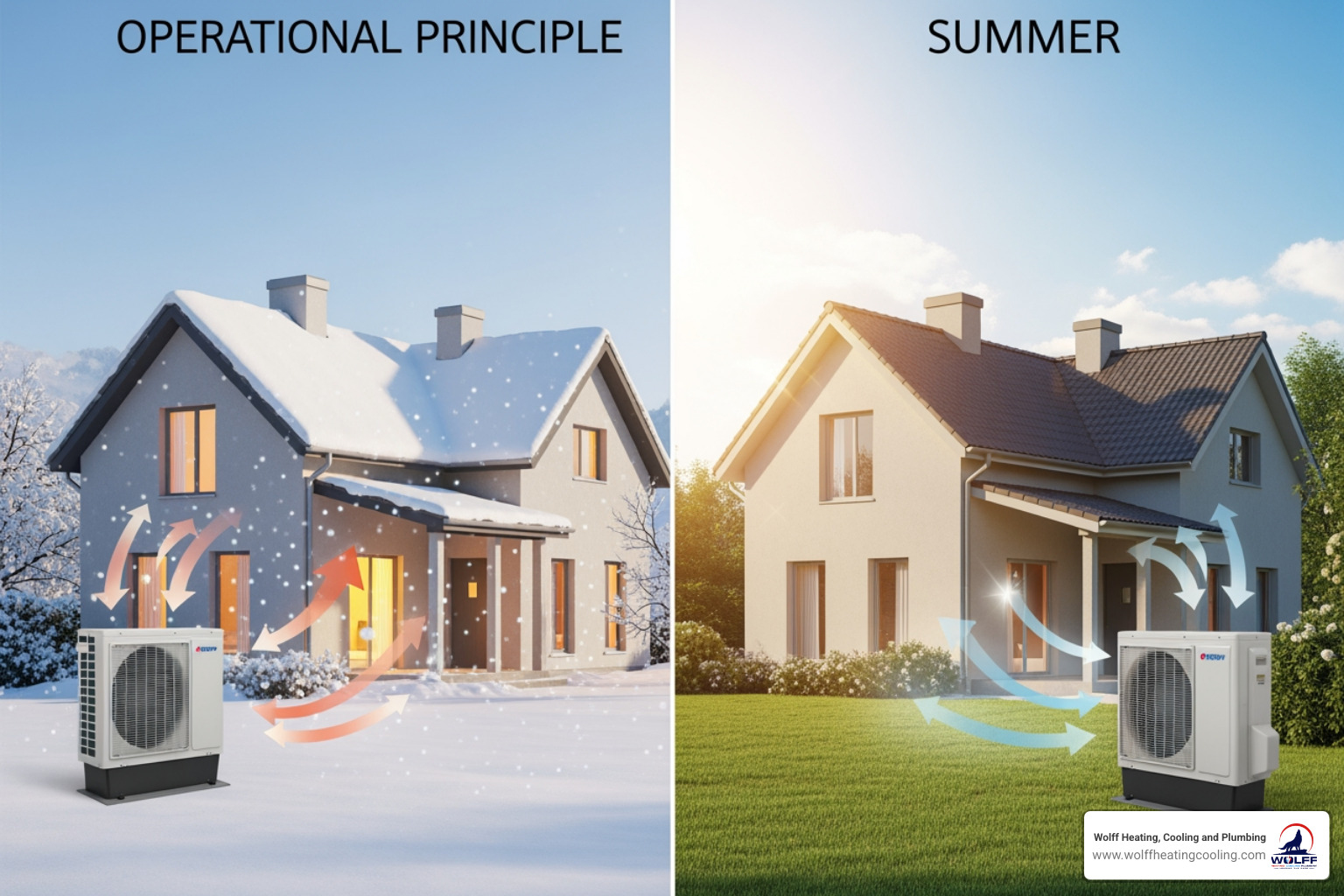 infographic showing heat pump operation with arrows indicating heat transfer direction for both heating mode in winter and cooling mode in summer, including labeled components like compressor, condenser, evaporator, and reversing valve - heat pump installation albuquerque nm infographic showing heat pump operation with arrows indicating heat transfer direction for both heating mode in winter and cooling mode in summer, including labeled components like compressor, condenser, evaporator, and reversing valve - heat pump installation albuquerque nm
