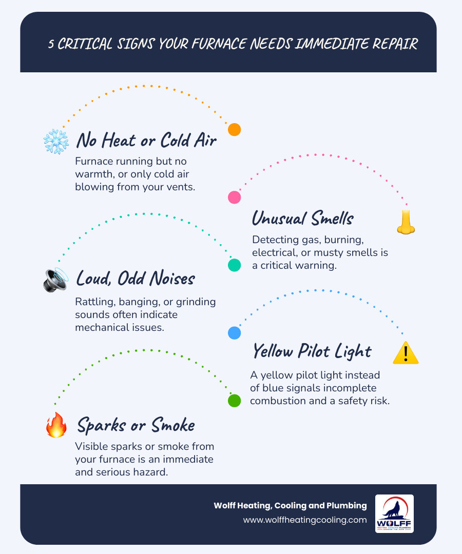 infographic showing 5 critical signs your furnace needs immediate emergency repair: no heat production, strange burning or gas odors, loud banging or grinding noises, yellow pilot light instead of blue, and visible sparks or smoke - emergency heating repair in rio rancho, nm infographic infographic-line-5-steps-blues-accent_colors infographic showing 5 critical signs your furnace needs immediate emergency repair: no heat production, strange burning or gas odors, loud banging or grinding noises, yellow pilot light instead of blue, and visible sparks or smoke - emergency heating repair in rio rancho, nm infographic infographic-line-5-steps-blues-accent_colors