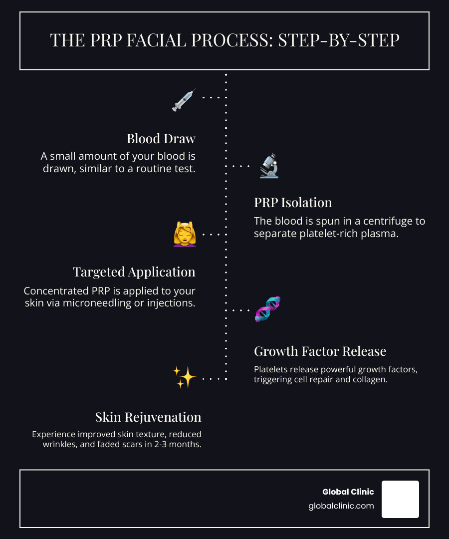 Infographic showing the platelet plasma facial process: Step 1 - Blood drawn from patient's arm; Step 2 - Blood spun in centrifuge to separate platelet-rich plasma from red blood cells; Step 3 - Concentrated PRP applied to face via microneedling or injection; Step 4 - Platelets release growth factors that stimulate collagen production, reduce wrinkles, fade scars, and improve skin texture over 2-3 months - platelet plasma facial infographic infographic-line-5-steps-dark