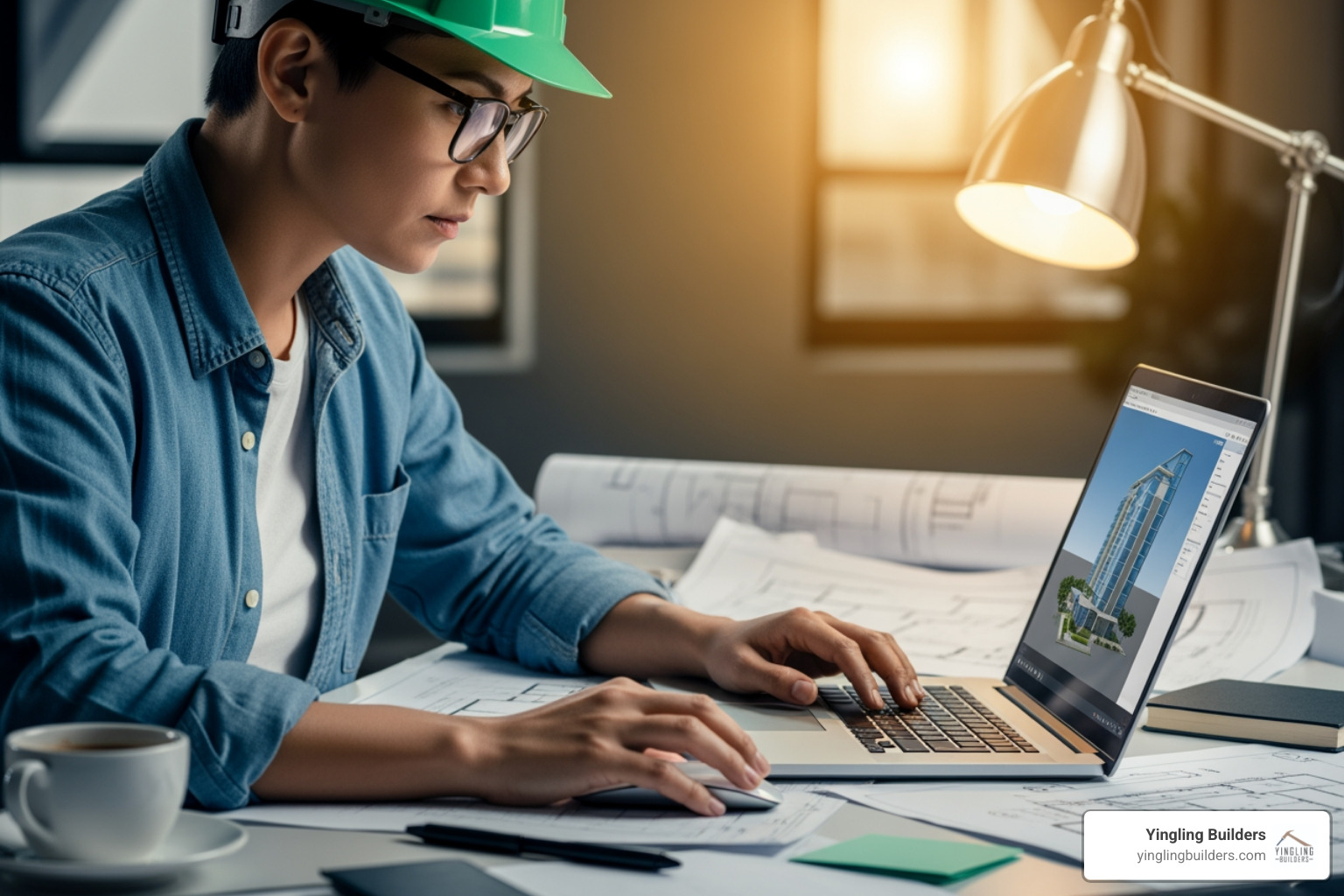 A person researching on a laptop, with a blueprint partially visible in the background - Trusted home builders