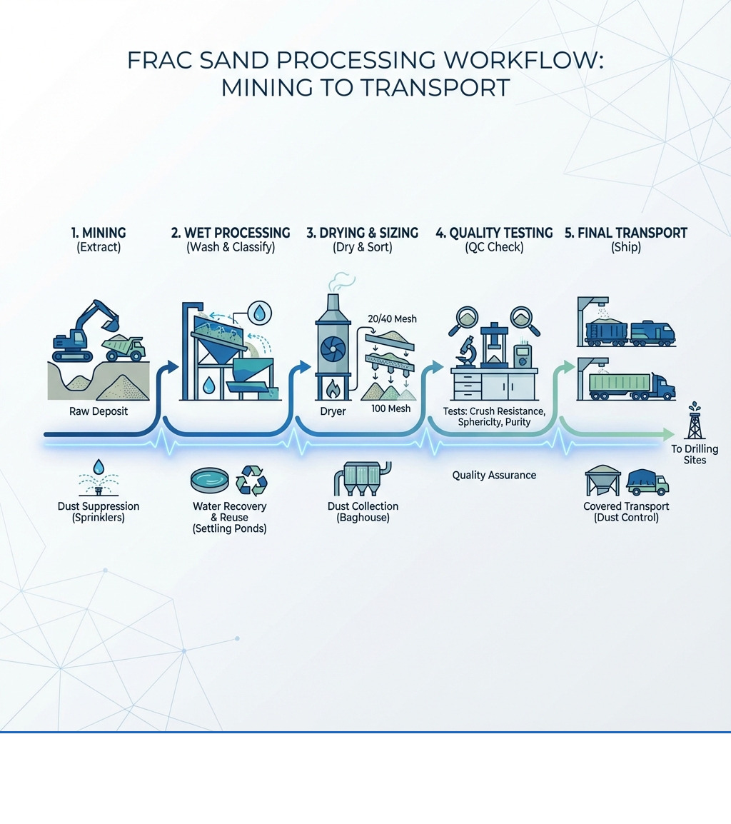 Infographic showing the frac sand processing workflow from mining through wet processing, drying, quality testing, and final transport, with key equipment and environmental controls at each stage - Frac sand processing infographic Infographic showing the frac sand processing workflow from mining through wet processing, drying, quality testing, and final transport, with key equipment and environmental controls at each stage - Frac sand processing infographic
