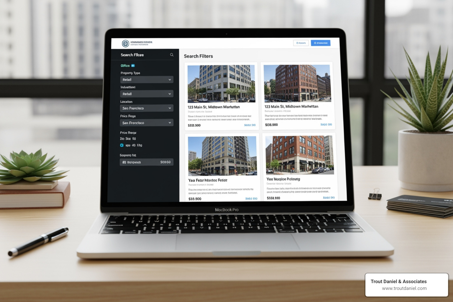 CRE marketplace search interface on a laptop - retail properties for sale 56861ae894eff9e72bd88e33b776528a620f9edc