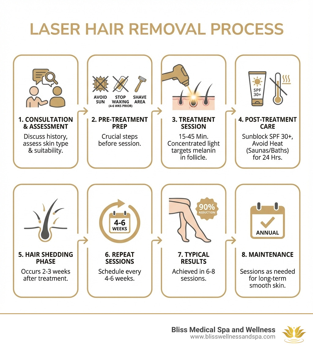 Infographic showing laser hair removal process: Consultation and skin assessment → Pre-treatment preparation (avoid sun, stop waxing 4-6 weeks prior, shave area) → Treatment session (15-45 minutes, concentrated light targets melanin in hair follicle) → Post-treatment care (sunblock SPF 30+, avoid heat for 24 hours) → Hair shedding phase (2-3 weeks) → Repeat every 4-6 weeks → Typical results: 6-8 sessions for up to 90% hair reduction → Annual maintenance sessions as needed - laser hair removal glendale infographic Infographic showing laser hair removal process: Consultation and skin assessment → Pre-treatment preparation (avoid sun, stop waxing 4-6 weeks prior, shave area) → Treatment session (15-45 minutes, concentrated light targets melanin in hair follicle) → Post-treatment care (sunblock SPF 30+, avoid heat for 24 hours) → Hair shedding phase (2-3 weeks) → Repeat every 4-6 weeks → Typical results: 6-8 sessions for up to 90% hair reduction → Annual maintenance sessions as needed - laser hair removal glendale infographic