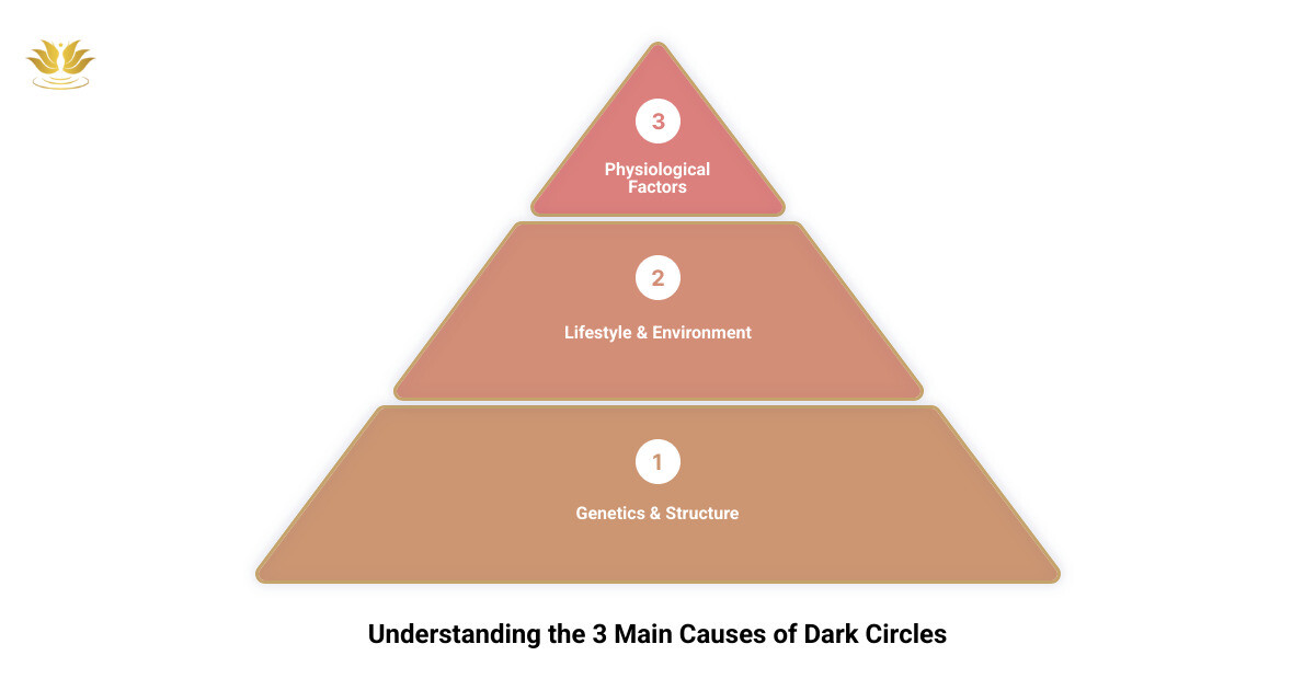 Infographic showing the three main causes of dark circles: 1) Genetics and Structure - hereditary traits, deep-set eyes, thin skin, and fat/bone loss with age; 2) Lifestyle and Environment - sleep deprivation, dehydration, sun exposure, poor diet, and screen time; 3) Physiological Factors - hyperpigmentation, vascular issues showing blue/purple tones, collagen loss, and inflammation from allergies or rubbing - eye cream for dark circles infographic 3_stage_pyramid Infographic showing the three main causes of dark circles: 1) Genetics and Structure - hereditary traits, deep-set eyes, thin skin, and fat/bone loss with age; 2) Lifestyle and Environment - sleep deprivation, dehydration, sun exposure, poor diet, and screen time; 3) Physiological Factors - hyperpigmentation, vascular issues showing blue/purple tones, collagen loss, and inflammation from allergies or rubbing - eye cream for dark circles infographic 3_stage_pyramid