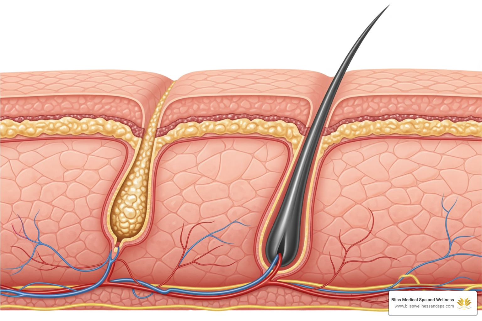 Illustration showing the difference between a clogged pore filled with sebum and dead skin cells, and a clear, healthy pore - salicylic acid cream Illustration showing the difference between a clogged pore filled with sebum and dead skin cells, and a clear, healthy pore - salicylic acid cream