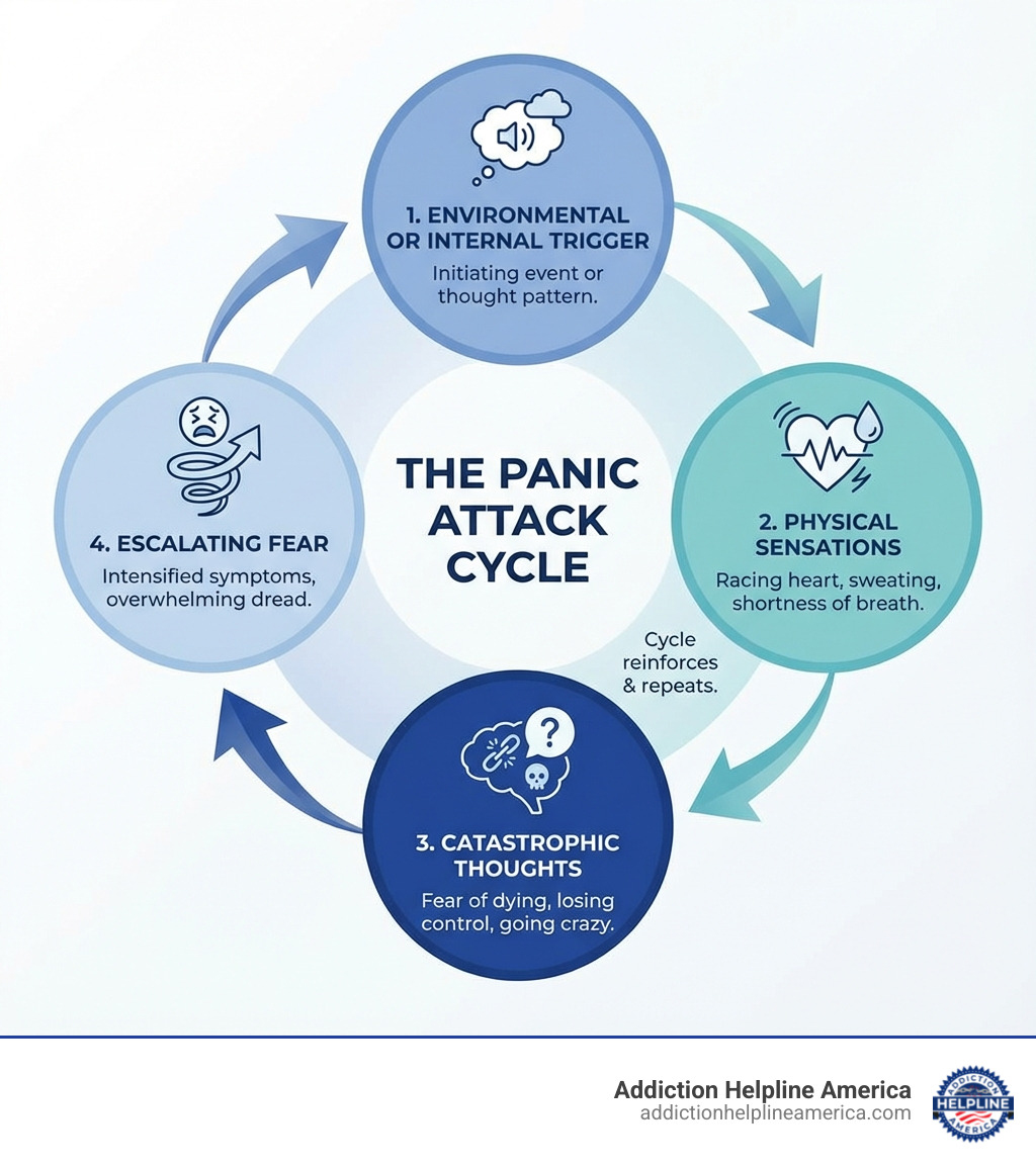 infographic showing the panic attack cycle with four connected stages: environmental or internal trigger leads to physical sensations like racing heart and sweating, which trigger catastrophic thoughts such as fear of dying or losing control, which intensify the physical symptoms and create escalating fear, completing the cycle - therapist for panic attacks infographic infographic showing the panic attack cycle with four connected stages: environmental or internal trigger leads to physical sensations like racing heart and sweating, which trigger catastrophic thoughts such as fear of dying or losing control, which intensify the physical symptoms and create escalating fear, completing the cycle - therapist for panic attacks infographic