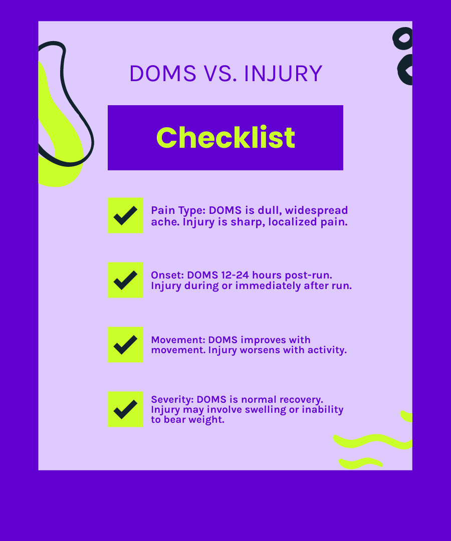 Infographic showing the difference between normal DOMS and injury: DOMS features dull, widespread ache that peaks 24-72 hours post-run and improves with movement; Injury shows sharp, localized pain that starts during or immediately after running, worsens with activity, and may include swelling or inability to bear weight - legs ache after running infographic checklist-fun-neon Infographic showing the difference between normal DOMS and injury: DOMS features dull, widespread ache that peaks 24-72 hours post-run and improves with movement; Injury shows sharp, localized pain that starts during or immediately after running, worsens with activity, and may include swelling or inability to bear weight - legs ache after running infographic checklist-fun-neon