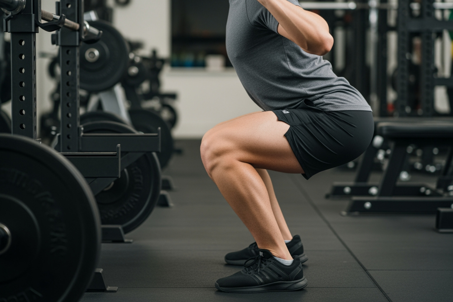 Person demonstrating common squat mistakes like knees caving in and a rounded back - thighs hurt after squats Person demonstrating common squat mistakes like knees caving in and a rounded back - thighs hurt after squats