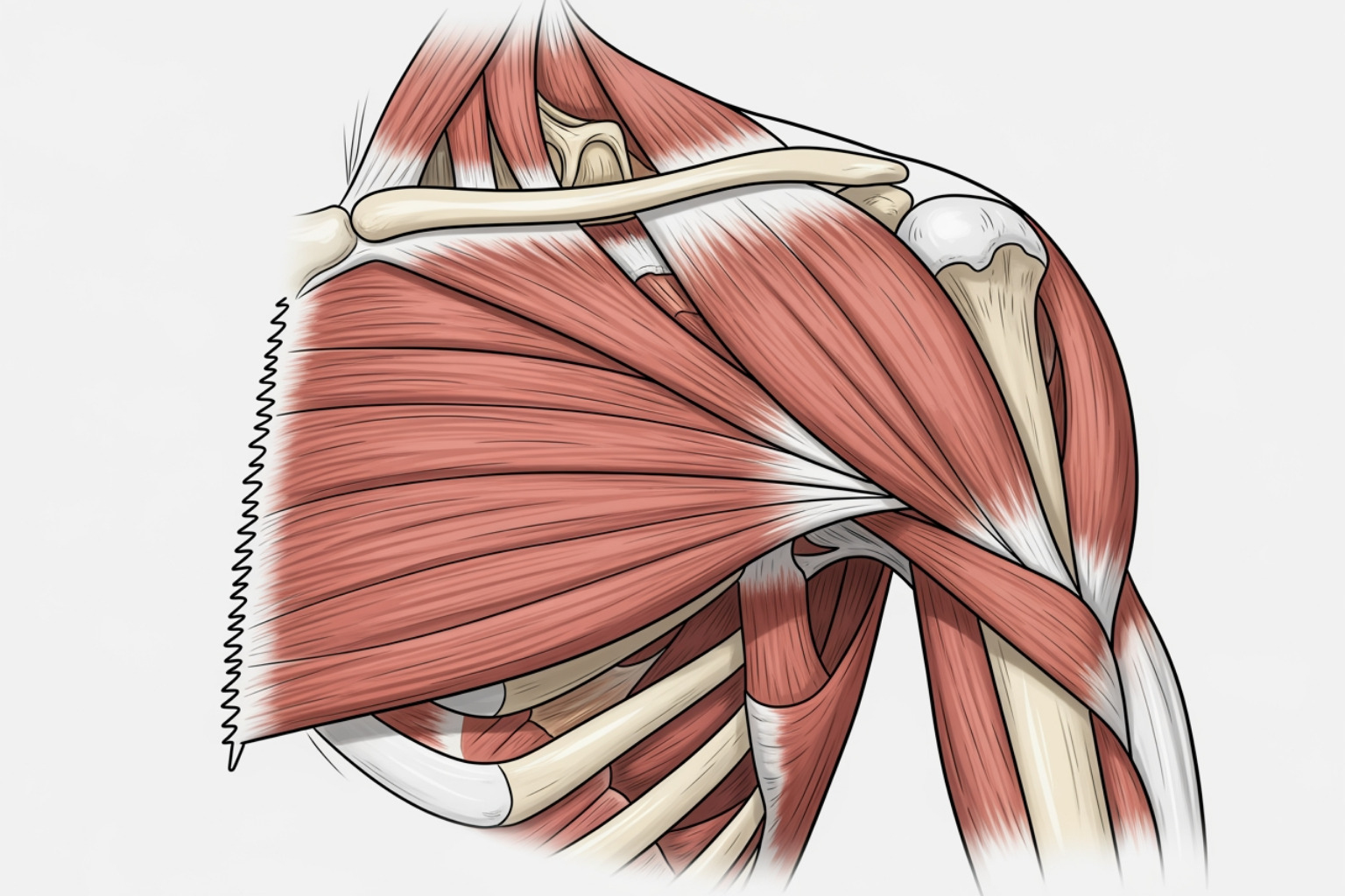 An illustration of the serratus anterior's fan-like shape, showing its attachment from the ribs to the scapula - serratus muscle pain