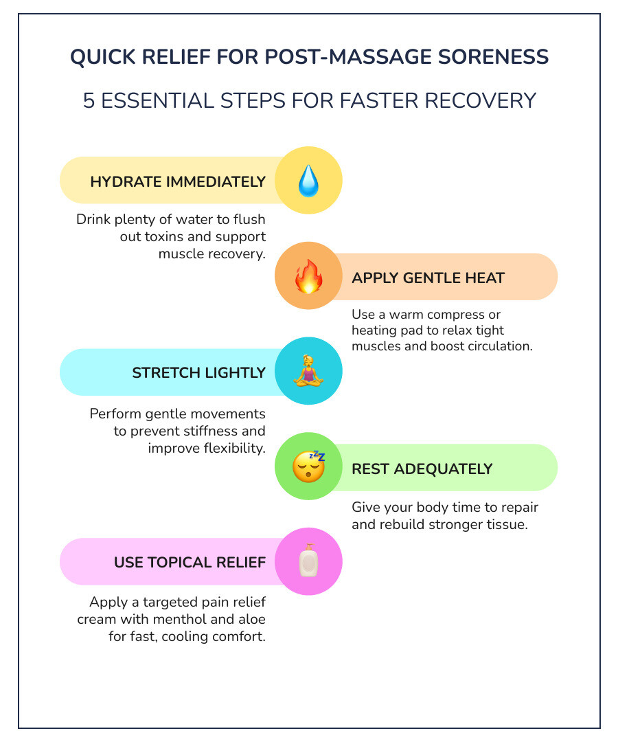 Infographic showing 5 quick relief tips: 1. Hydrate with at least 8 glasses of water, 2. Apply heat therapy for 15-20 minutes, 3. Perform gentle stretches for major muscle groups, 4. Rest for 24-48 hours and avoid strenuous activity, 5. Use topical pain relief cream with menthol for targeted comfort - post massage soreness infographic infographic-line-5-steps-colors