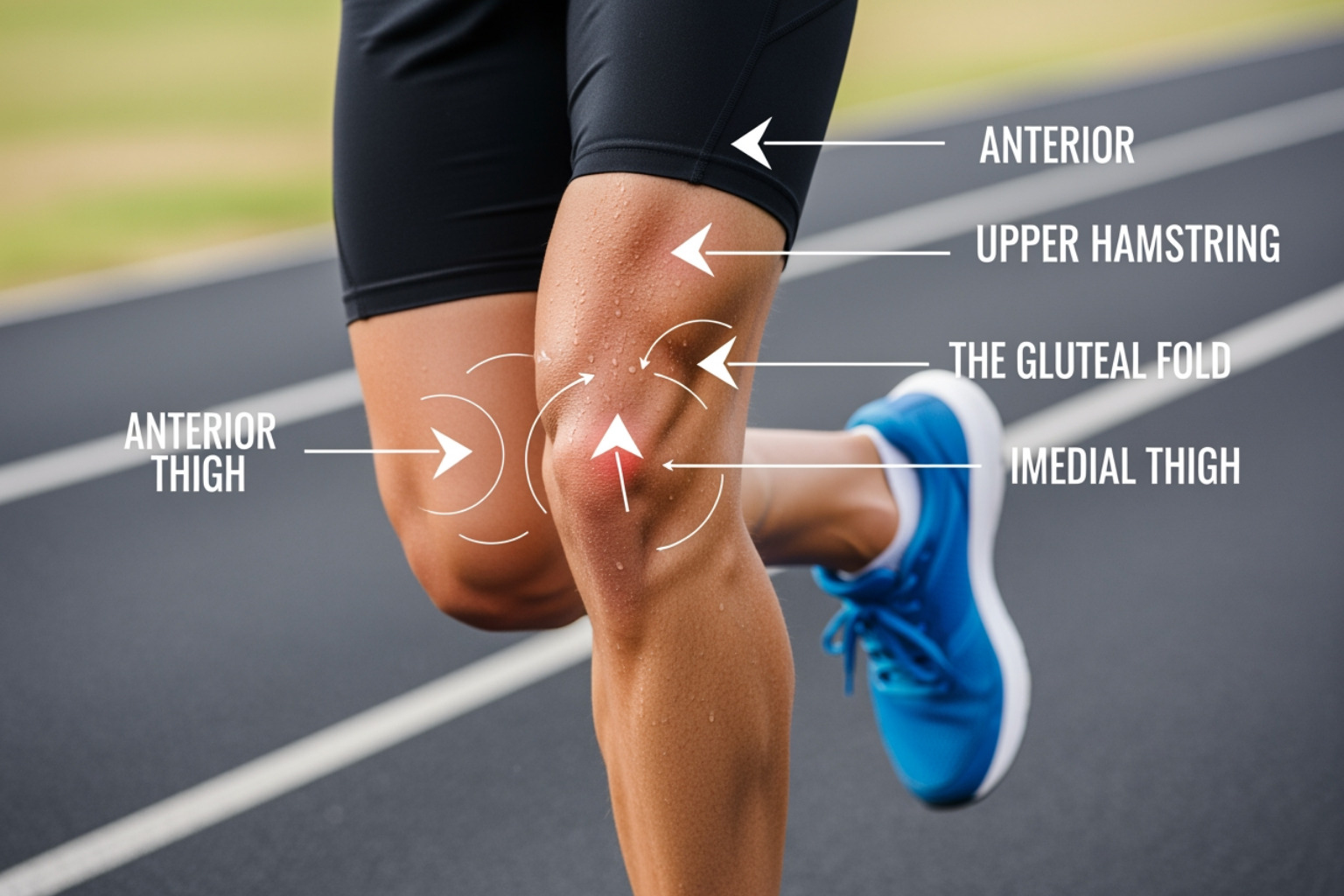 Runner with arrows pointing to common thigh pain locations (front, back, inner) - thighs hurt after running Runner with arrows pointing to common thigh pain locations (front, back, inner) - thighs hurt after running