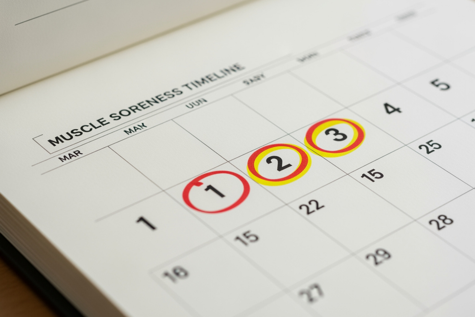 Calendar with days 1, 2, and 3 highlighted to show DOMS timeline - thighs hurt after running Calendar with days 1, 2, and 3 highlighted to show DOMS timeline - thighs hurt after running