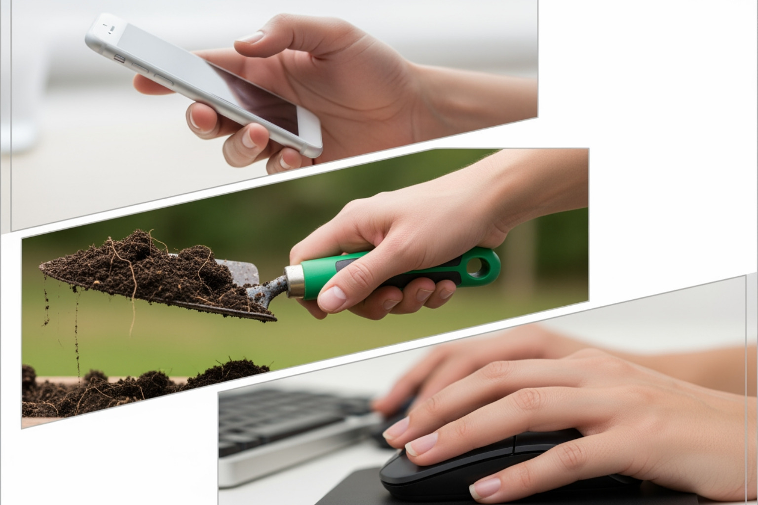 A collage image showing various activities that can cause thenar muscle pain, such as someone texting on a smartphone, a person gripping a gardening tool, and a hand holding a computer mouse. - thenar muscle pain