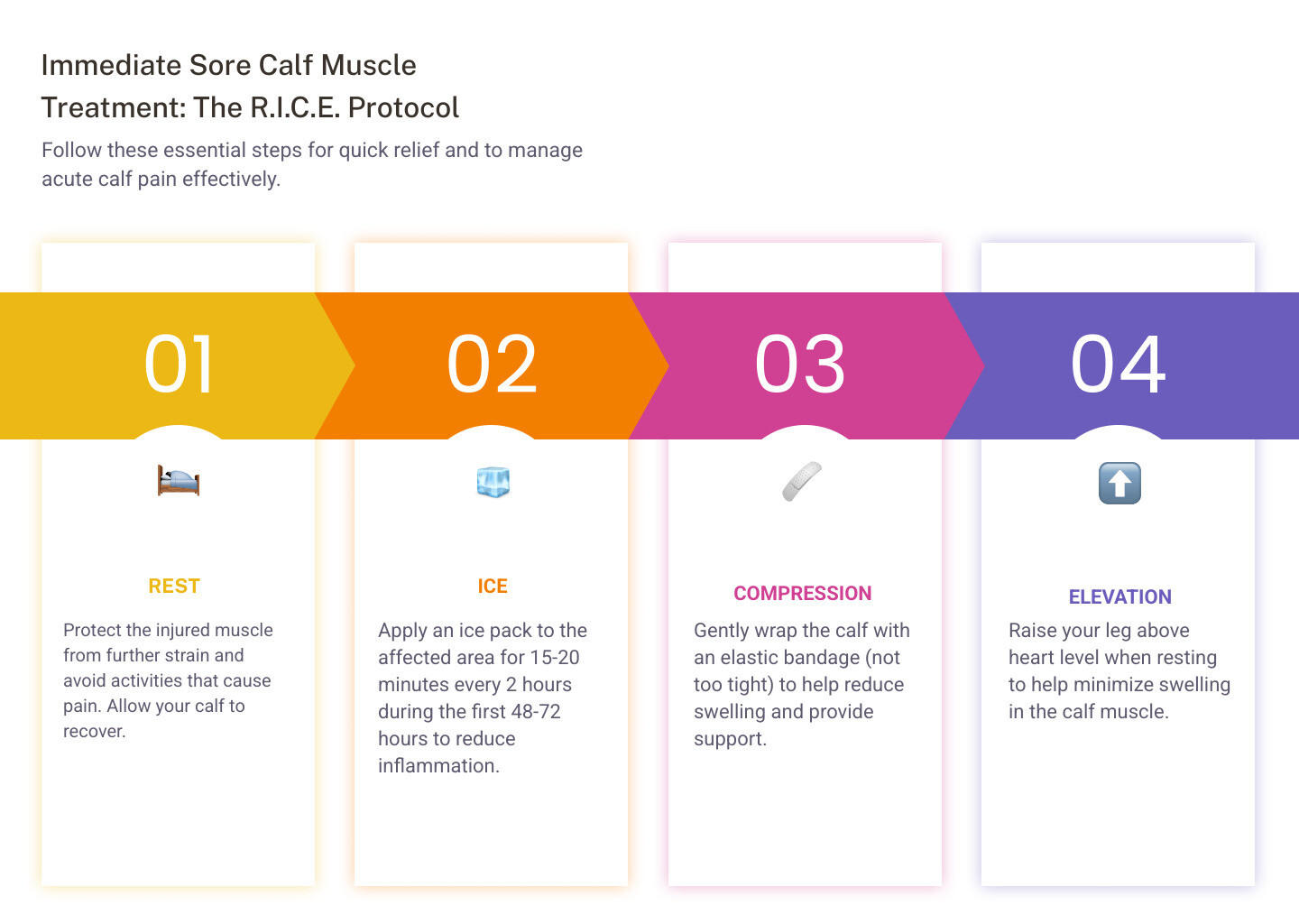 Infographic showing the anatomy of the calf with gastrocnemius and soleus muscles labeled, plus a step-by-step visual guide for RICE method treatment (Rest, Ice, Compression, Elevation) with icons and brief descriptions for each step - sore calf muscle treatment infographic pillar-4-steps Infographic showing the anatomy of the calf with gastrocnemius and soleus muscles labeled, plus a step-by-step visual guide for RICE method treatment (Rest, Ice, Compression, Elevation) with icons and brief descriptions for each step - sore calf muscle treatment infographic pillar-4-steps