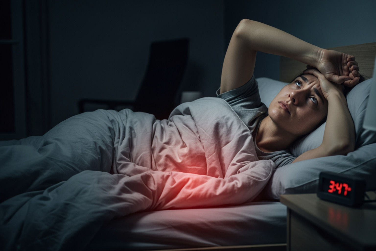 graphic illustrating a person struggling to sleep due to pain, with thoughts like 'pain' and 'tired' above their head, showing the connection between pain and poor sleep - generalised body pain graphic illustrating a person struggling to sleep due to pain, with thoughts like 'pain' and 'tired' above their head, showing the connection between pain and poor sleep - generalised body pain