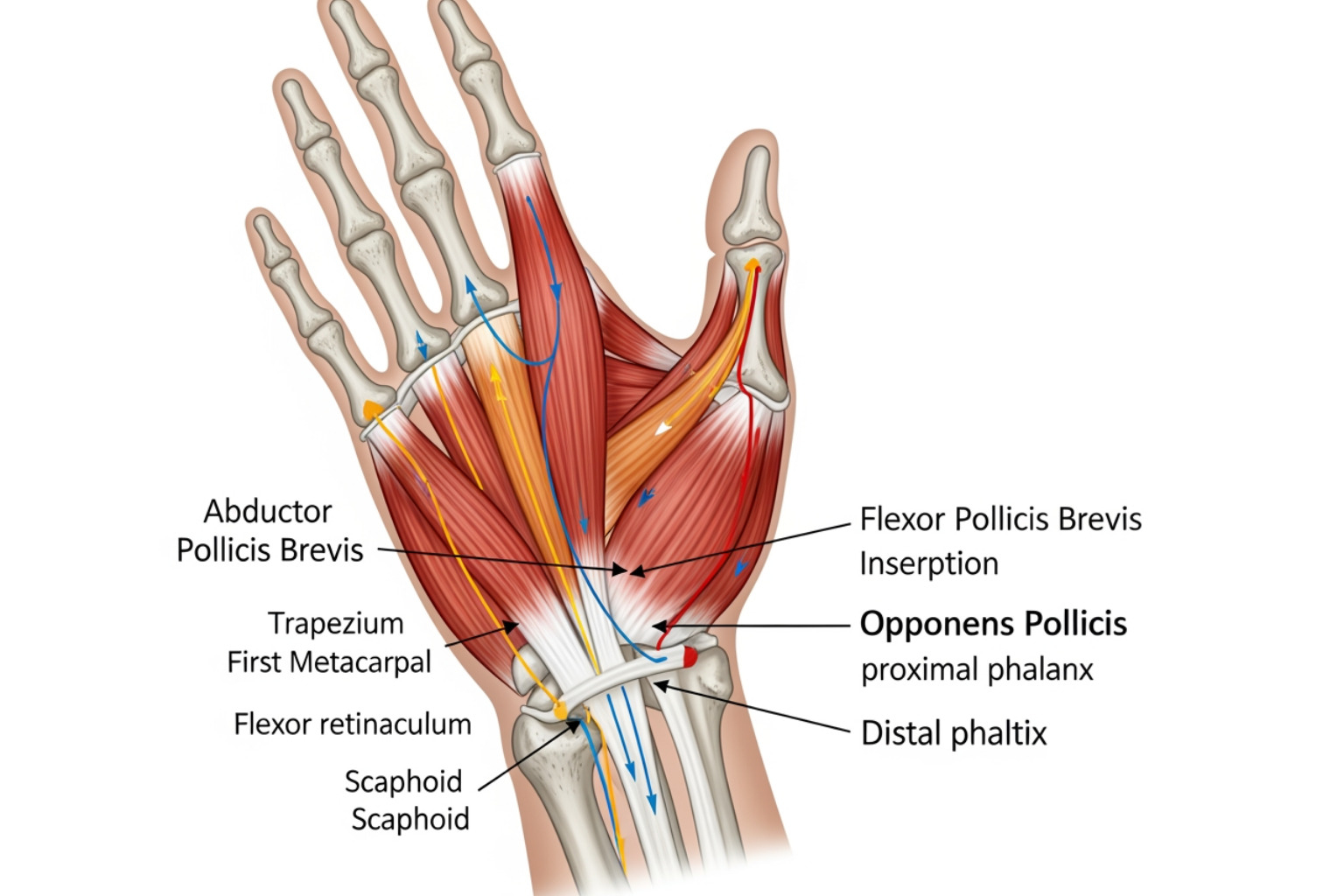 A detailed anatomical illustration highlighting the three thenar muscles: Abductor Pollicis Brevis, Flexor Pollicis Brevis, and Opponens Pollicis, showing their positions relative to the thumb bones. - thenar muscle pain