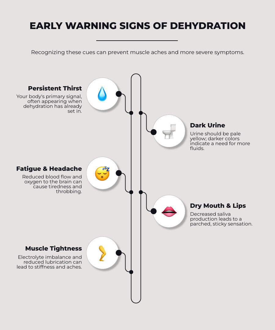 infographic showing early signs of dehydration including thirst, dark yellow or amber colored urine, fatigue and tiredness, mild headache, dry mouth and lips, dizziness when standing, and decreased urination frequency - dehydration muscle aches infographic infographic-line-5-steps-elegant_beige