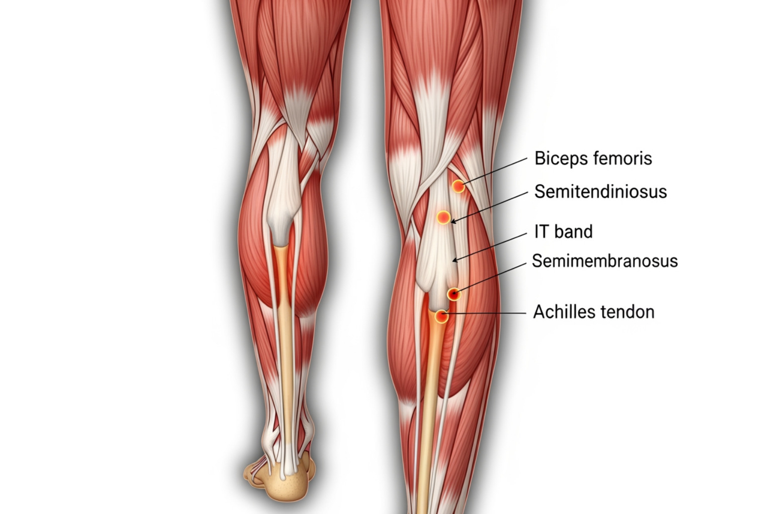 Illustration showing common injury locations on the leg: hamstring, IT band, and Achilles tendon - aching legs after walking