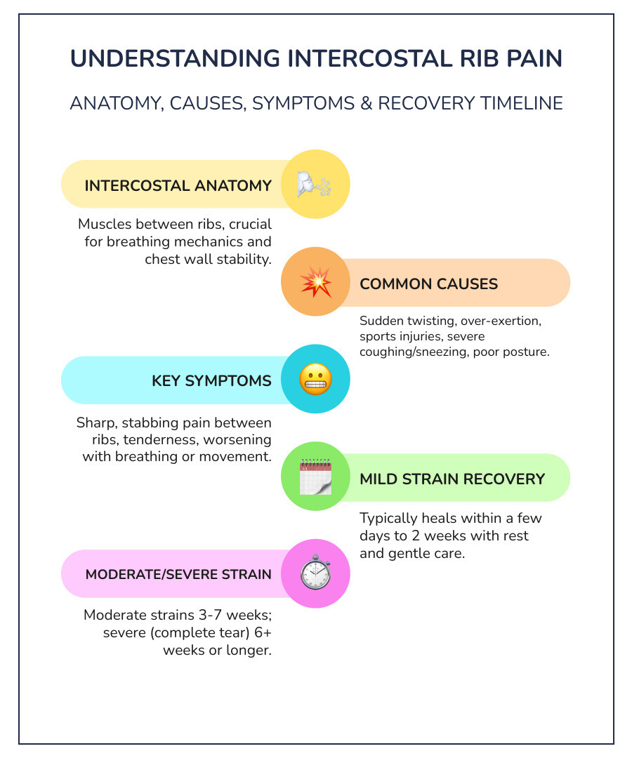 Infographic showing the anatomy of intercostal muscles between ribs, common causes of intercostal rib pain including sports injuries and poor posture, key symptoms such as sharp pain with breathing and tenderness, and recovery timeline ranging from days for mild strains to 6+ weeks for severe strains - intercostal rib pain infographic infographic-line-5-steps-colors Infographic showing the anatomy of intercostal muscles between ribs, common causes of intercostal rib pain including sports injuries and poor posture, key symptoms such as sharp pain with breathing and tenderness, and recovery timeline ranging from days for mild strains to 6+ weeks for severe strains - intercostal rib pain infographic infographic-line-5-steps-colors