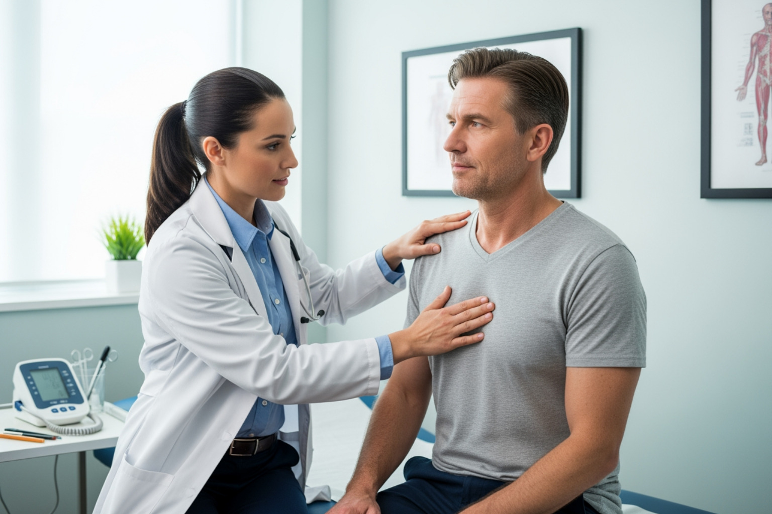 Doctor performing chest exam - intercostal rib pain Doctor performing chest exam - intercostal rib pain