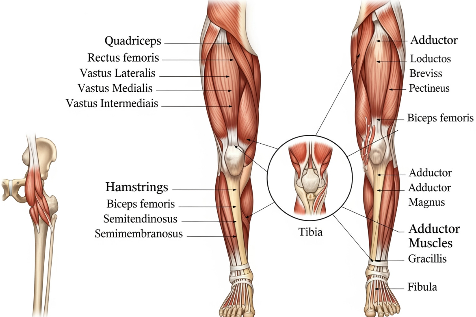 musculature of the human leg highlighting quadriceps, hamstrings, and adductors - sore thighs after squats