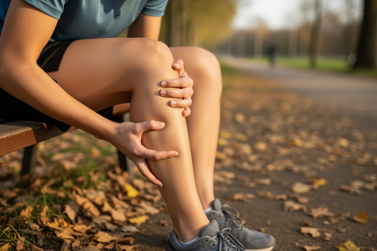 A person clutching the side of their calf, illustrating common muscular pain - pain on side of calf A person clutching the side of their calf, illustrating common muscular pain - pain on side of calf