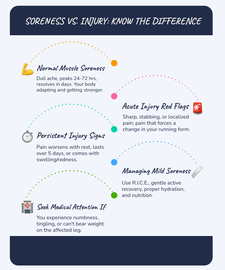infographic showing comparison between normal muscle soreness and injury warning signs with timeline of DOMS onset and duration, red flags for seeing a doctor including sharp pain and swelling, and safe recovery methods - legs hurt after running infographic infographic-line-5-steps-blues-accent_colors infographic showing comparison between normal muscle soreness and injury warning signs with timeline of DOMS onset and duration, red flags for seeing a doctor including sharp pain and swelling, and safe recovery methods - legs hurt after running infographic infographic-line-5-steps-blues-accent_colors