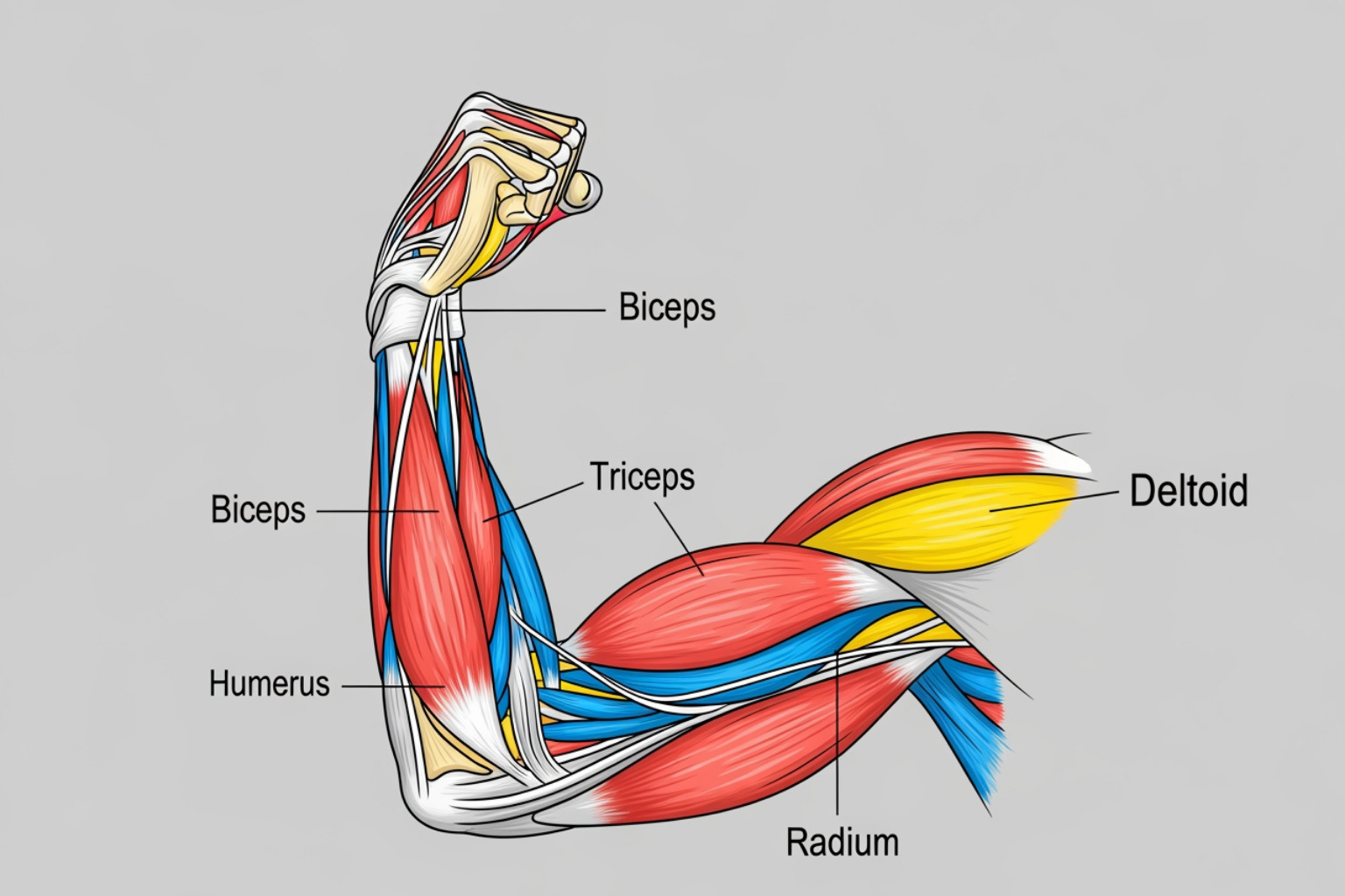 illustration of the main muscles of the arm including biceps, triceps, and deltoid, with vibrant colors - left arm muscle pain