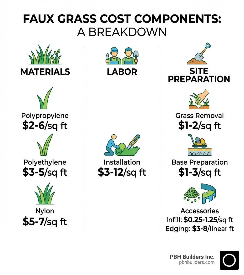 Infographic showing faux grass cost components: Materials section showing polypropylene ($2-6/sq ft), polyethylene ($3-5/sq ft), and nylon ($5-7/sq ft); Labor section showing installation ($3-12/sq ft); Site preparation section showing grass removal ($1-2/sq ft), base preparation ($1-3/sq ft), and accessories ($0.25-1.25/sq ft for infill, $3-8/linear ft for edging) - faux grass cost infographic 