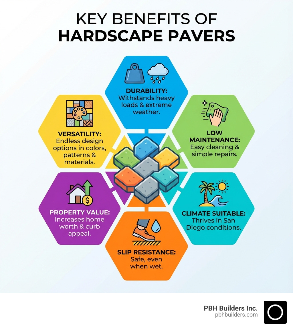 Infographic showing the key benefits of hardscape pavers: Durability (withstands heavy loads and extreme weather), Versatility (endless design options in colors, patterns, and materials), Low Maintenance (easy cleaning and simple repairs), Slip Resistance (safe even when wet), Property Value (increases home worth and curb appeal), Climate Suitable (thrives in San Diego conditions) - hardscape pavers near me infographic Infographic showing the key benefits of hardscape pavers: Durability (withstands heavy loads and extreme weather), Versatility (endless design options in colors, patterns, and materials), Low Maintenance (easy cleaning and simple repairs), Slip Resistance (safe even when wet), Property Value (increases home worth and curb appeal), Climate Suitable (thrives in San Diego conditions) - hardscape pavers near me infographic