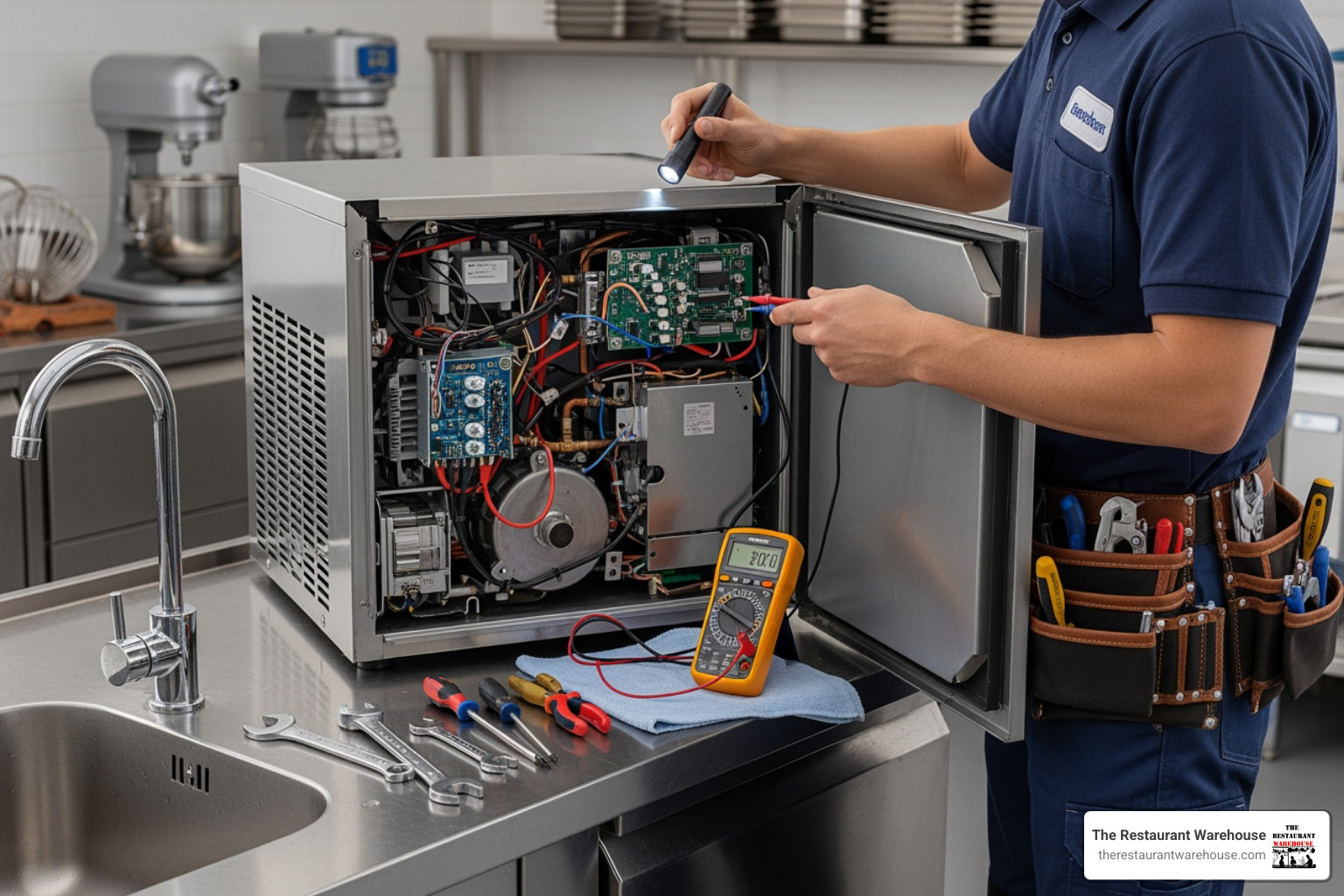 Technician with tools looking at the internal components of a commercial ice machine - how often to clean commercial ice machine