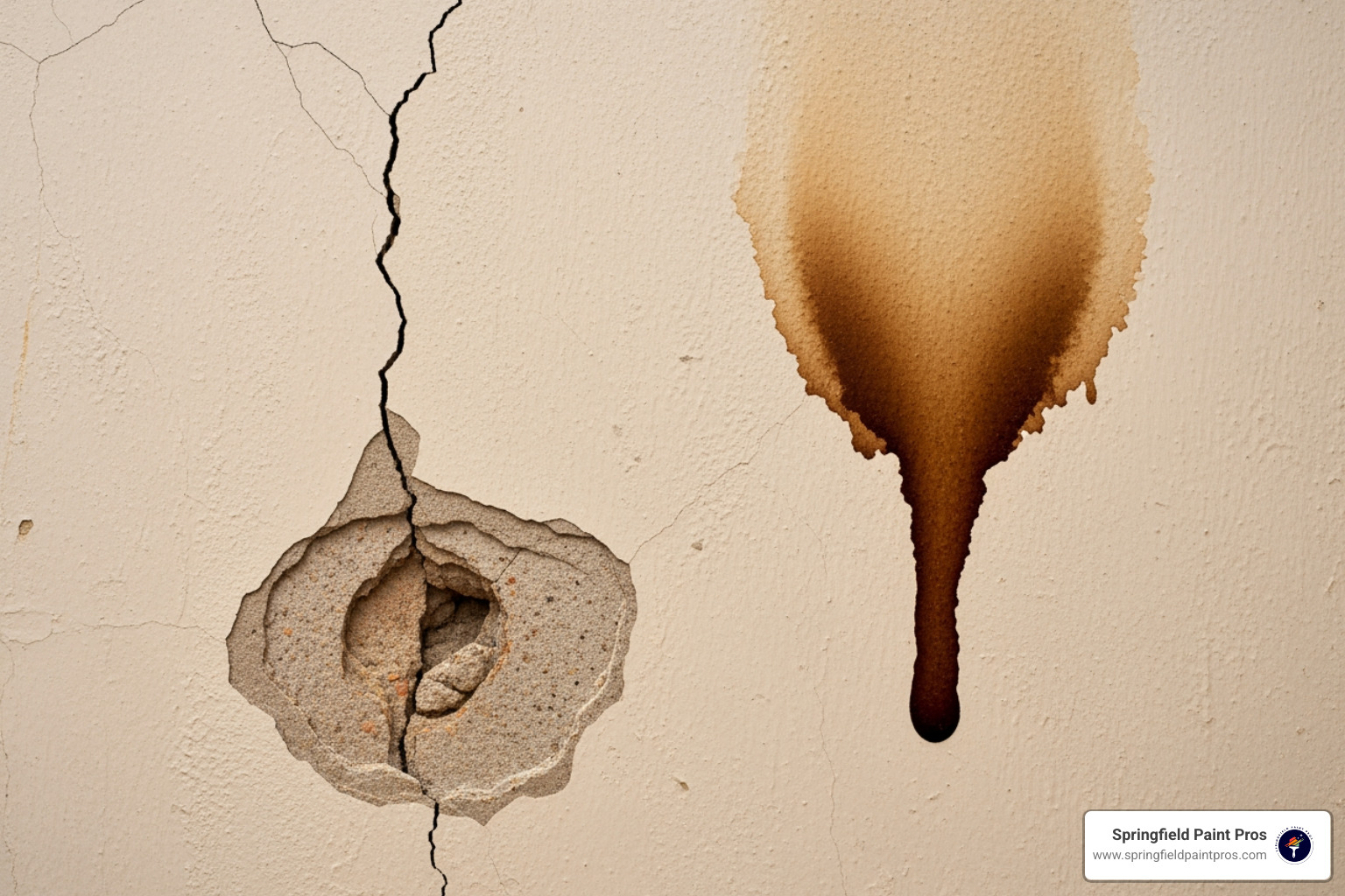 of a wall with multiple types of damage like a crack, a hole, and a water stain - drywall repair contractors