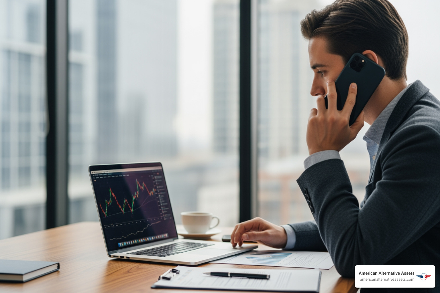 person on a call with a financial professional, looking at a laptop - investing in a gold ira