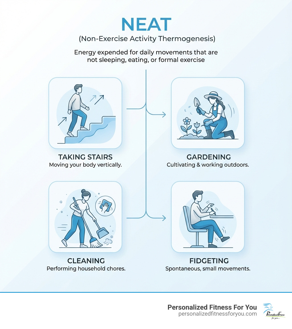 infographic showing NEAT definition with visual examples of taking stairs, gardening, cleaning, and fidgeting - NEAT infographic infographic showing NEAT definition with visual examples of taking stairs, gardening, cleaning, and fidgeting - NEAT infographic